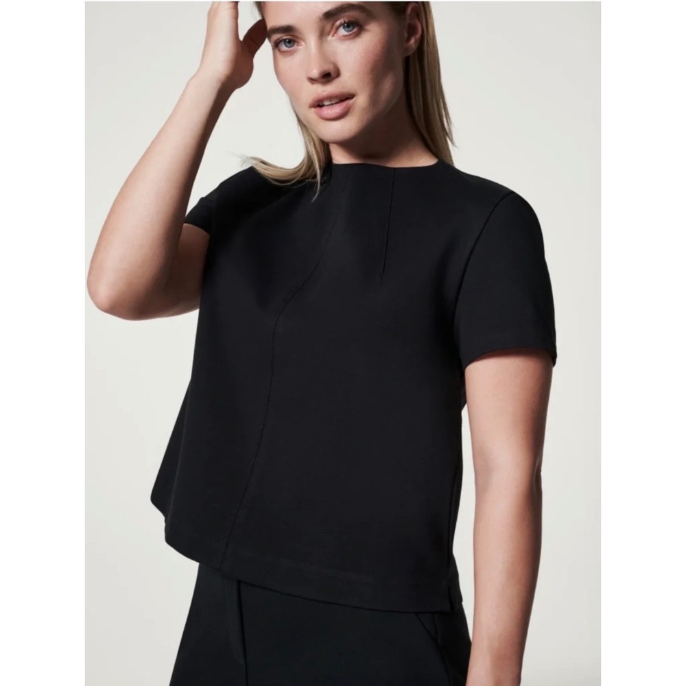 SPANX Perfect Neck Top Women's‎ S Black Structured Short Sleeve Workwear